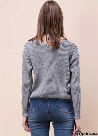 Tie Deep V Neck Pullover Knitted Sweater