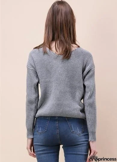 Tie Deep V Neck Pullover Knitted Sweater