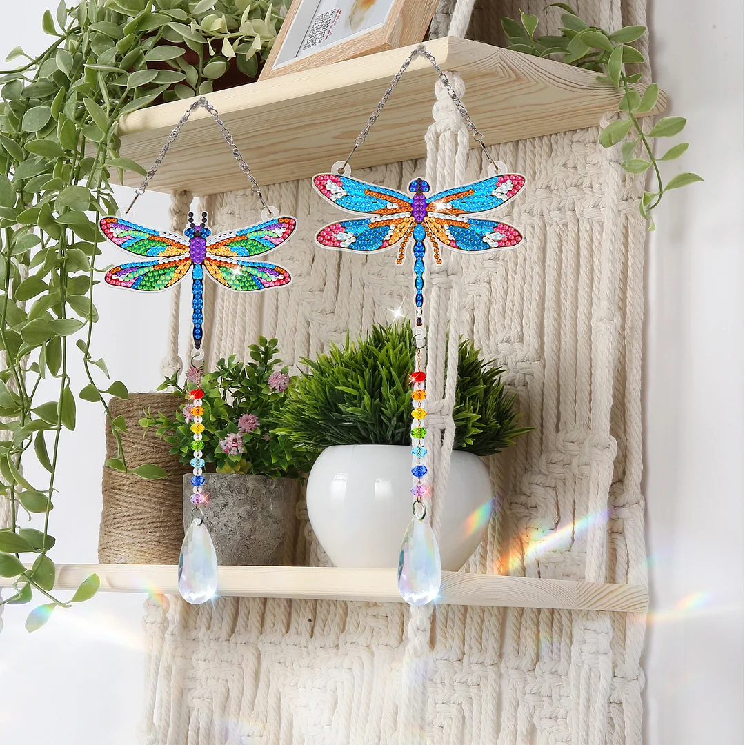 2Pcs Dragonfly DIY Double-Sided Diamond Painting Hanging Kits Diamond Painting Suncatcher Craft Kit for Home Garden Wall Decor Gift