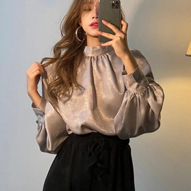 Elegant Fashion Women Satin Blouse Puff Sleeve Satand Collar Korean Long Sleeve Shirt Office Lady Spring Blouses Blusas 12944