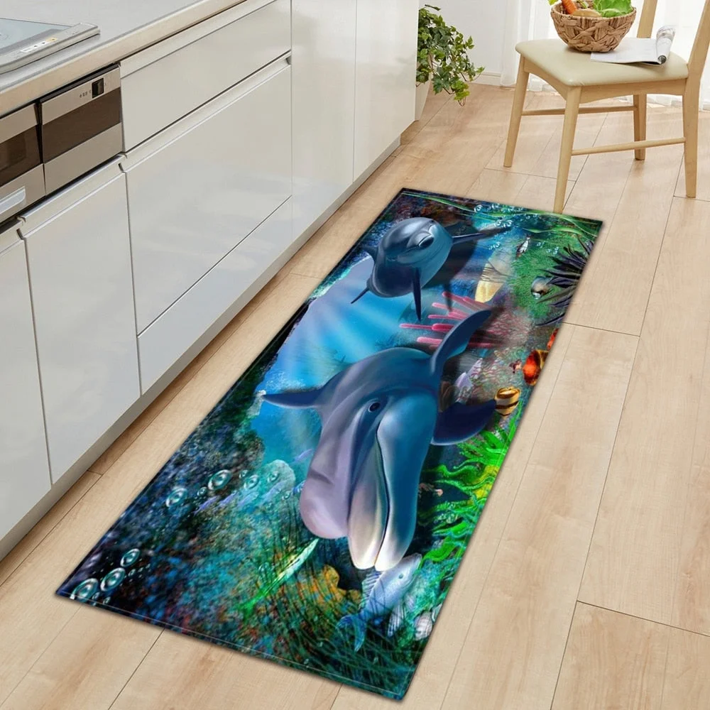 3D Ocean World Fish Carpet Kitchen Mat Entrance Doormat Bedroom Home Floor Decoration Living Room Carpet Bathroom Anti-slip Rug