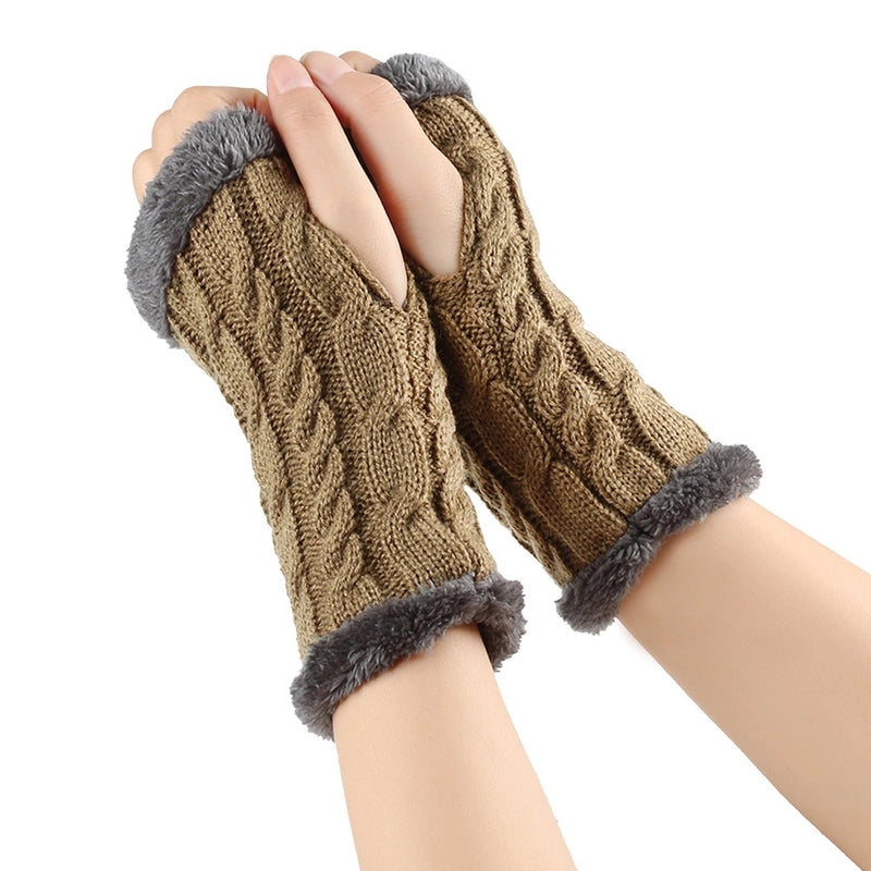 New Autumn And Winter Fleece-lined Wool Gloves Twist Knitted Finger Leakage Plush Oversleeve Warm Thickened Wool Gloves