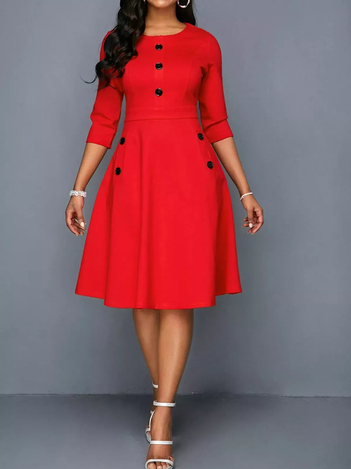 Women's 3/4 Sleeve Scoop Neck Solid Color Midi Dress