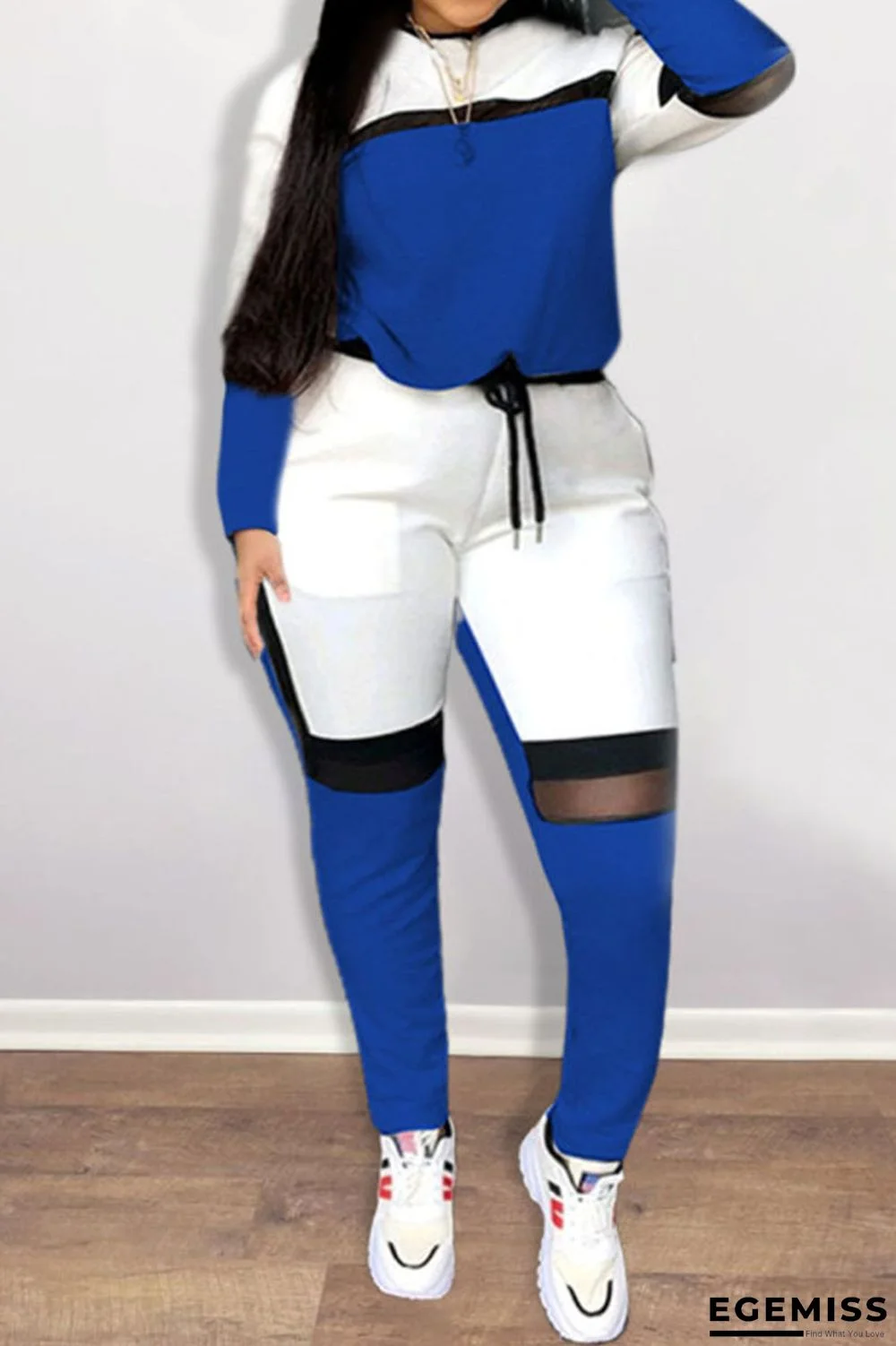 Blue Casual Sportswear Solid Patchwork O Neck Plus Size Two Pieces | EGEMISS