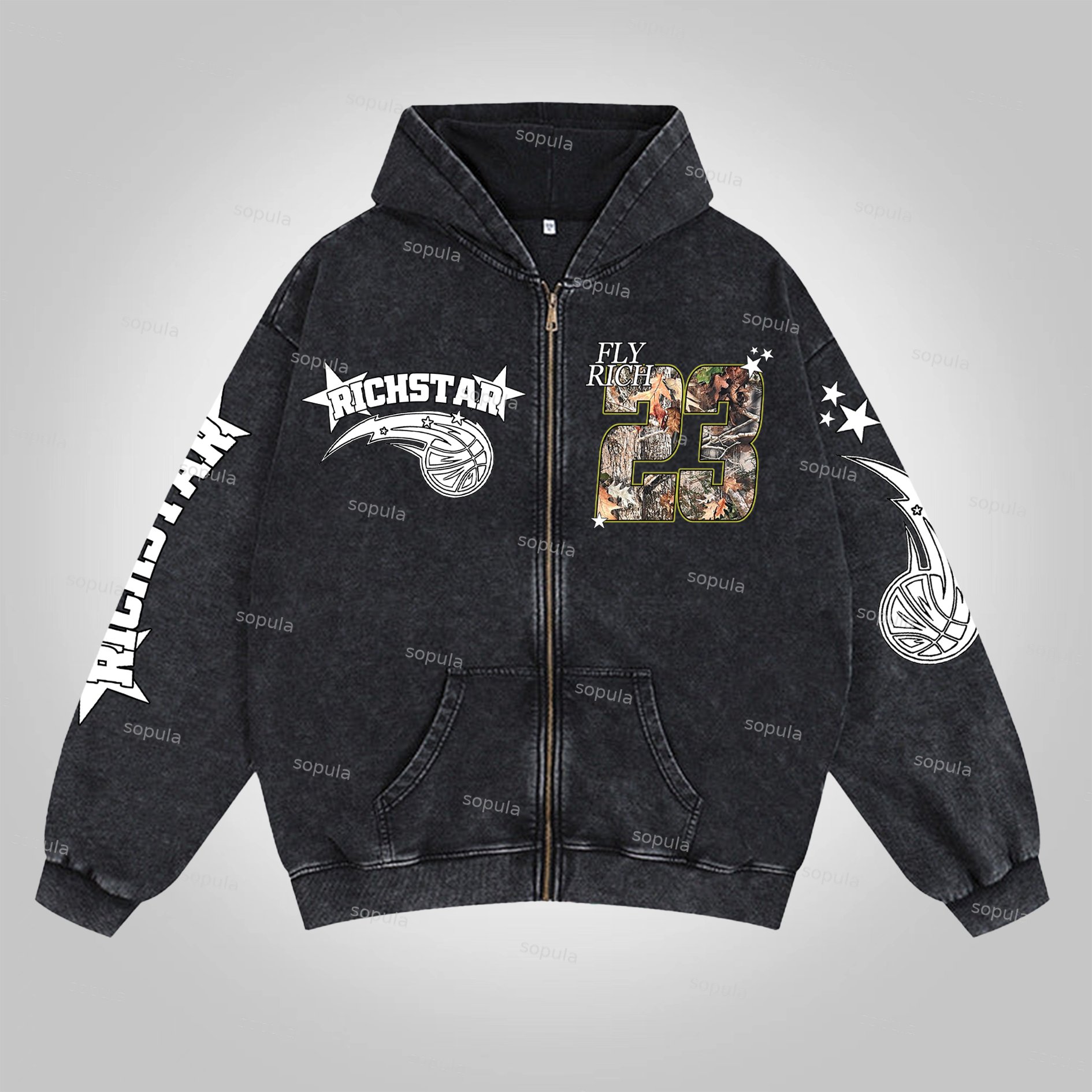 Sopula Rich Star Basketball No.23 Graphic Print Washed Zip-Up Hoodie - SOPULA