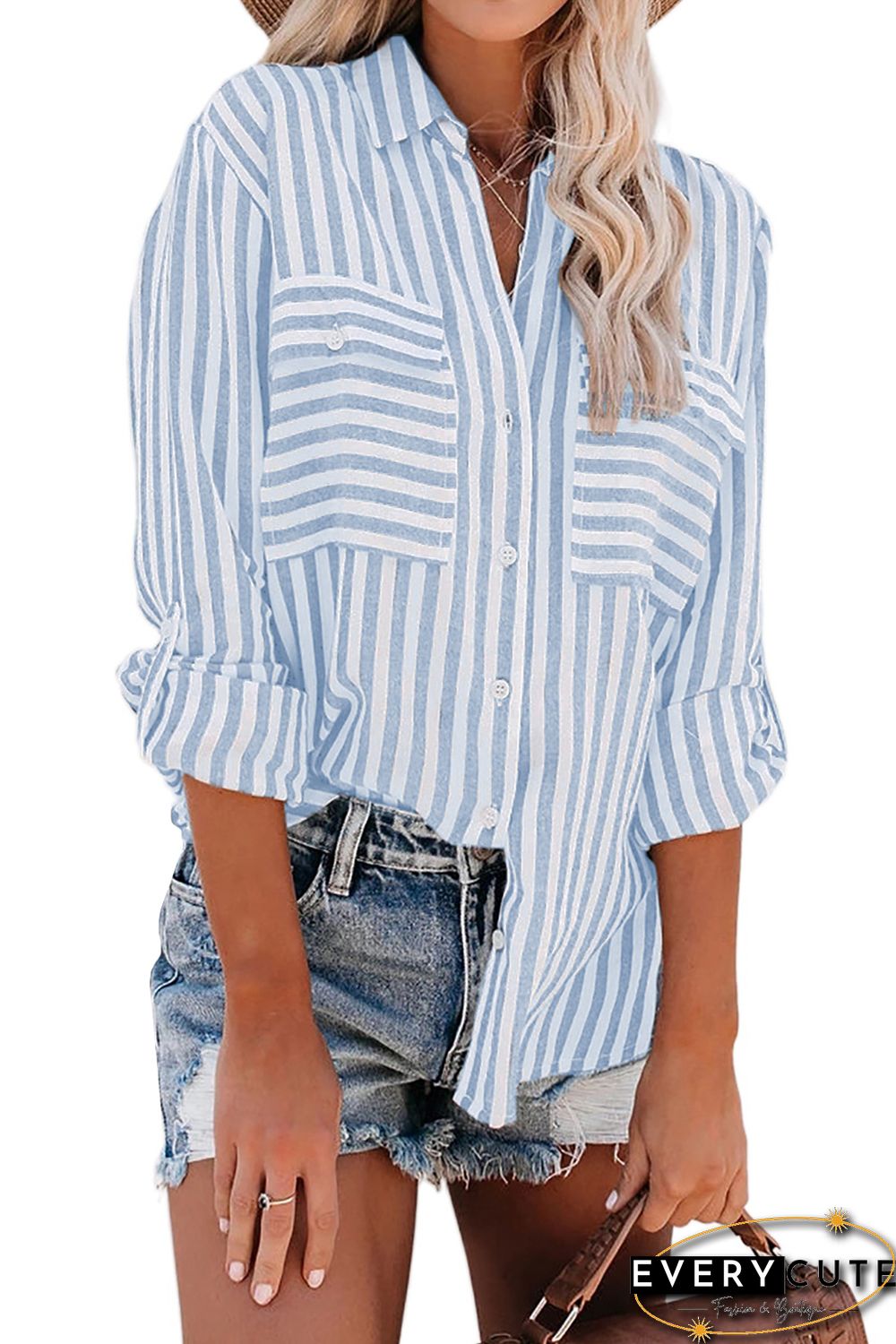 Sky Blue Cotton Striped Button Shirt