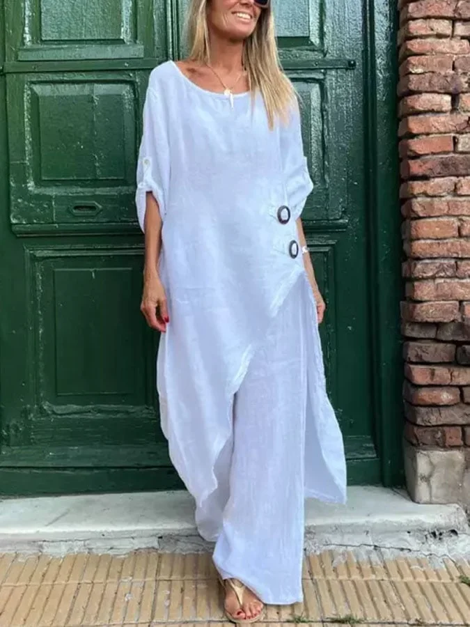 Women'S Solid Color Round Neck Long Sleeve Cotton And Linen Two-Piece Suit