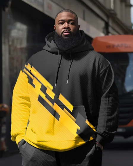Men's Plus Size Casual Hip Hop Abstract Yellow Black Block Color Block Hoodie Set