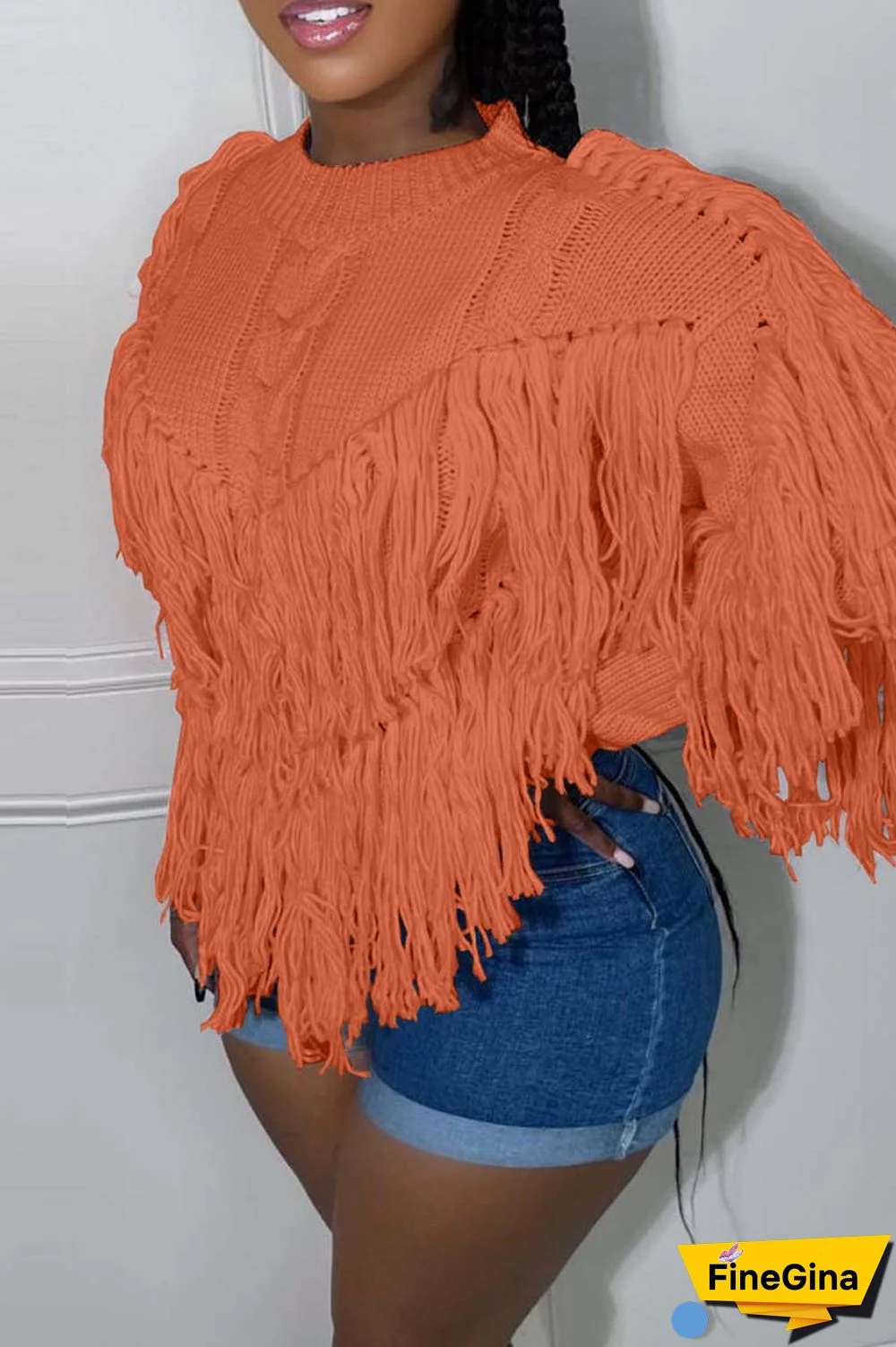 Pink Casual Solid Tassel O Neck Tops