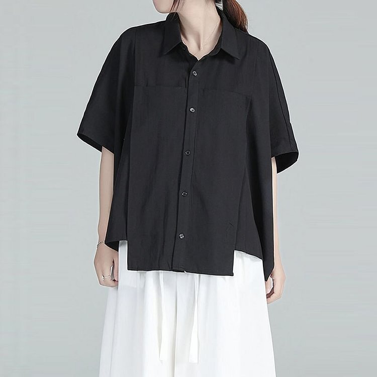 Casual Loose Solid Color Lapel Single-breasted Patchwork Half Sleeve Shirt      