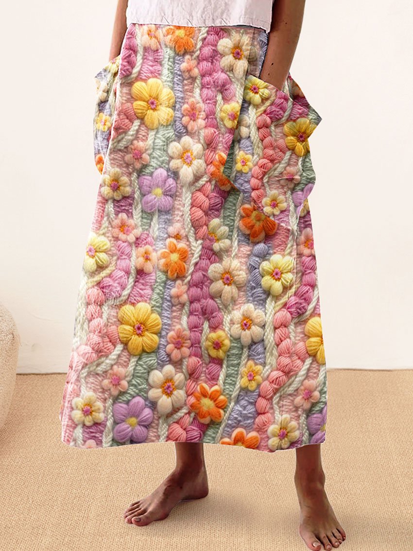 Women's Vintage Flower Seamless pattern Print Linen Pocket Skirt
