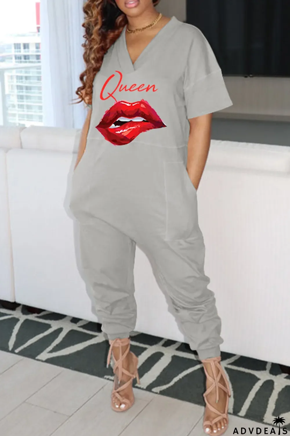 Green Fashion Casual Print Basic V Neck Regular Jumpsuits