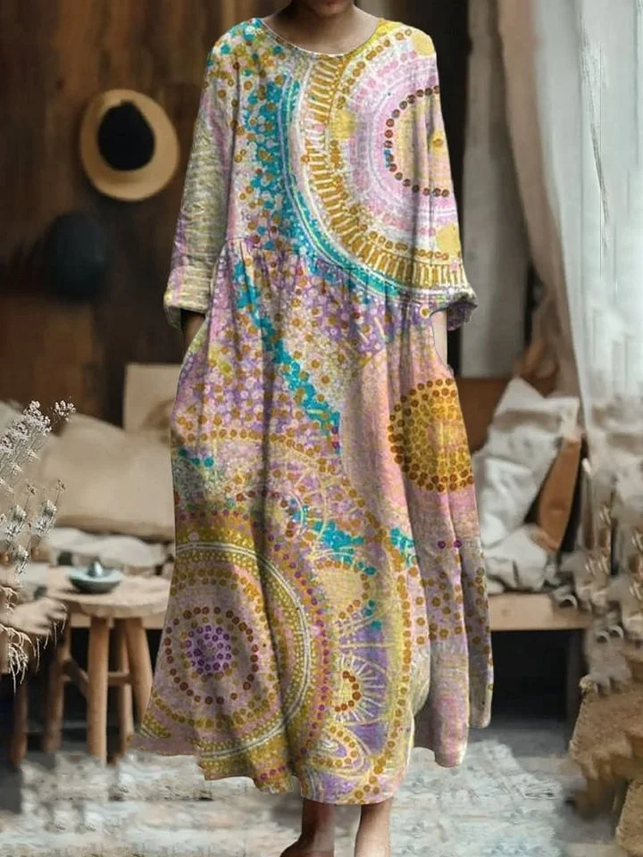 Women's Circle Dot Art Print Pocket Cotton Dress