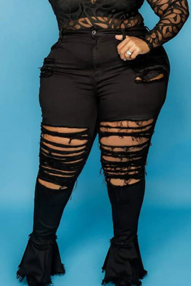 Black Sexy Solid Ripped Patchwork Plus Size Jeans | EGEMISS
