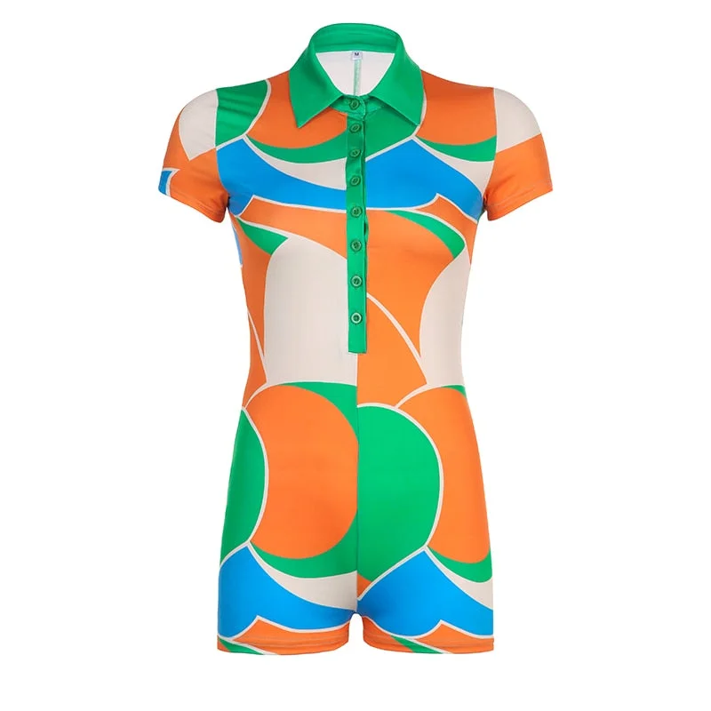 BIIKPIIK Multi-color Print Playsuits Women Sexy Short Sleeved Bodycon Rompers Playsuit Summer Buttons One Piece Outfits Elegant