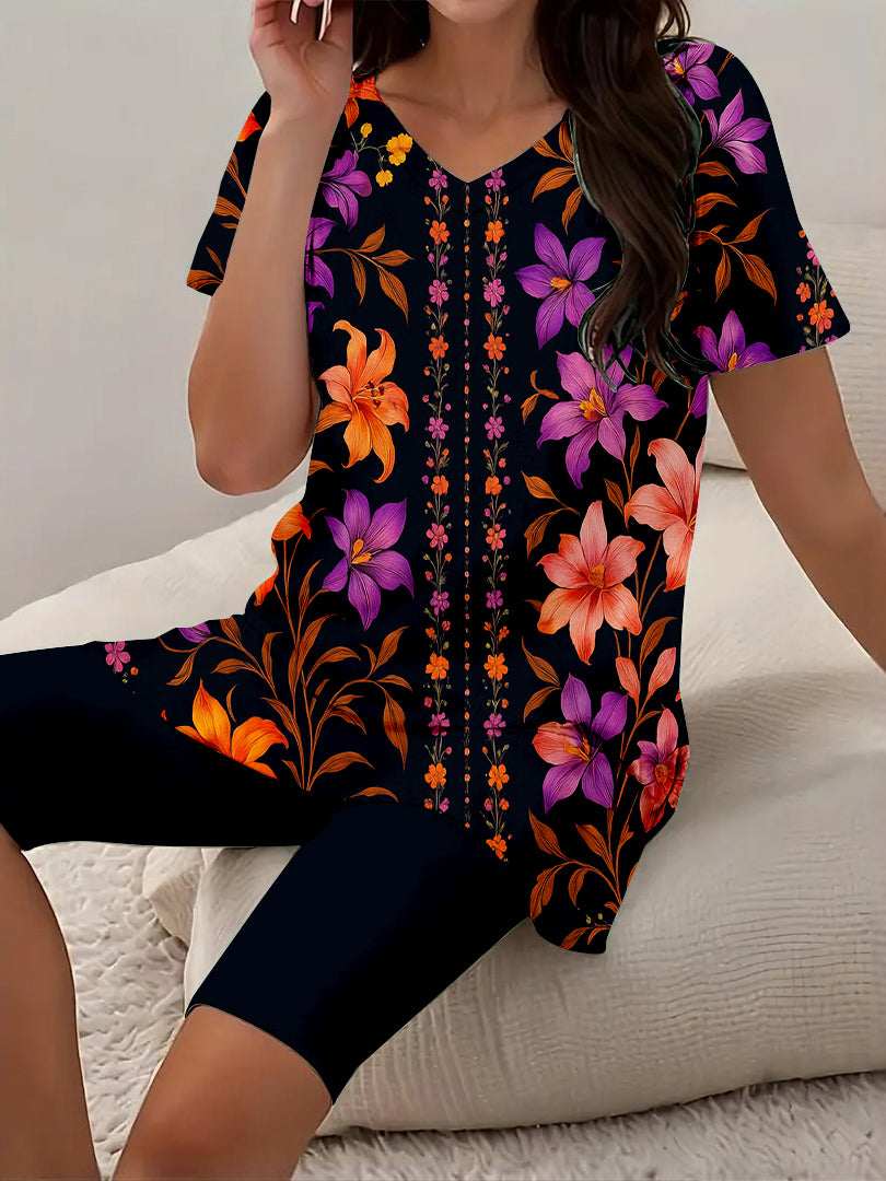 Women Long Sleeve V-neck Graphic Floral Printed Top