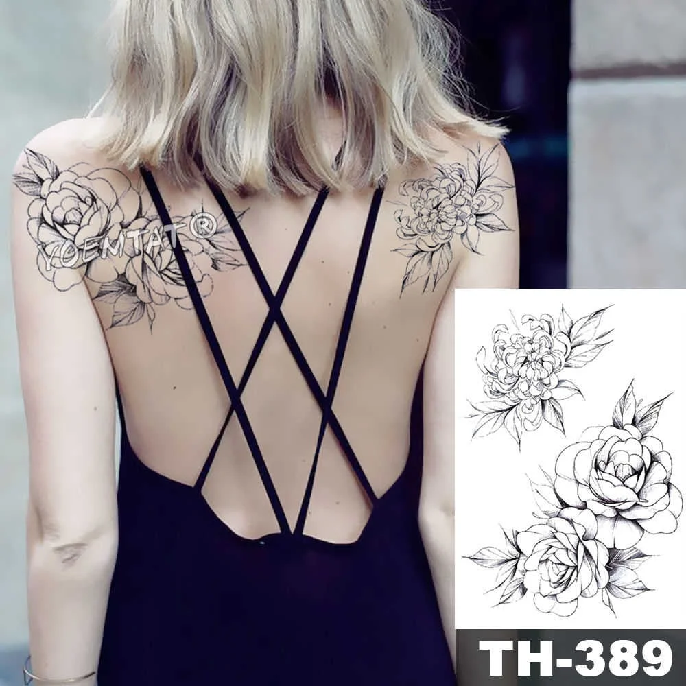 Heart shaped Clock Jewel Rose Waterproof Temporary Tattoo Sticker Black Arm Back Flowers Big Tatto Body Art Fake Tatoo For Women