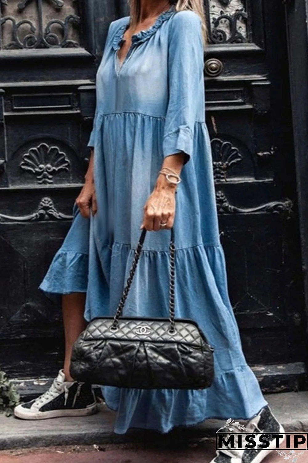 Black Fashion Street Solid Patchwork V Neck A Line Dresses