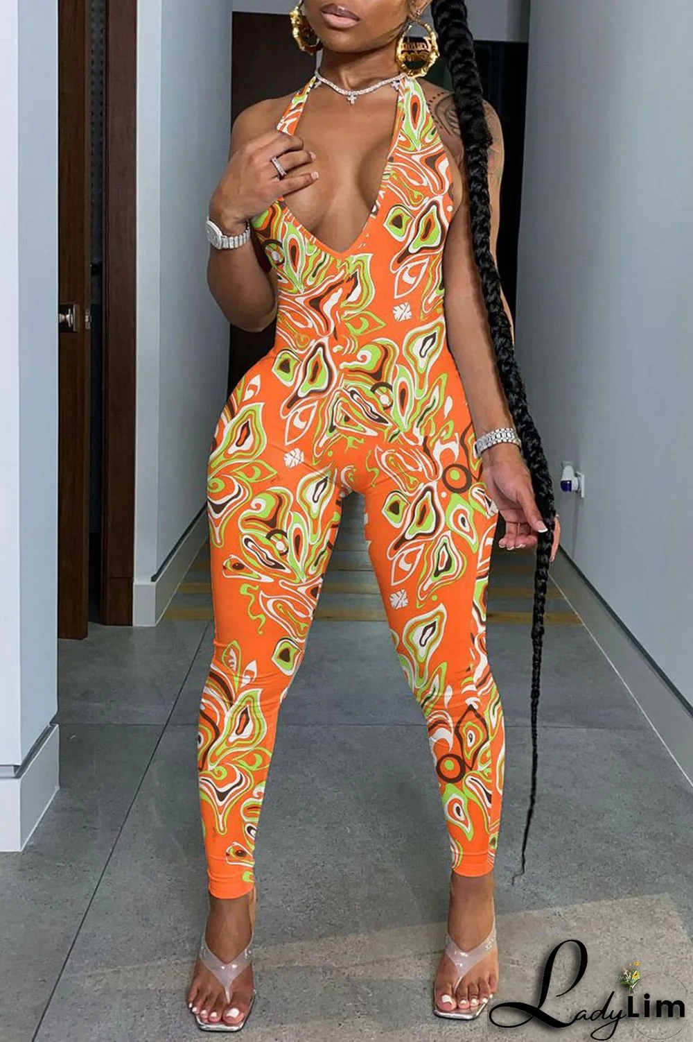 Orange Sexy Print Split Joint Backless Halter Skinny Jumpsuits