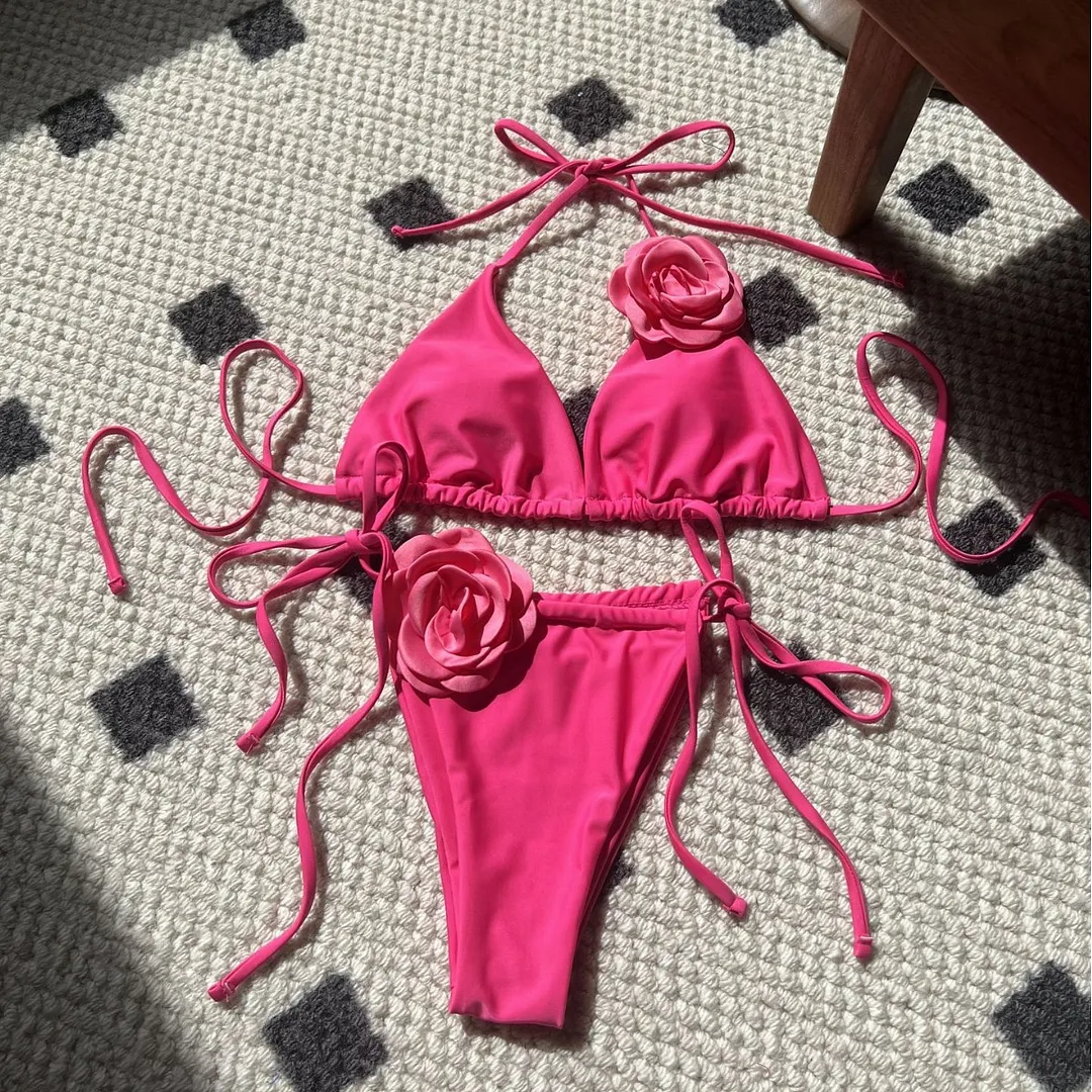 Churchf 2024 European New Solid-Color Rose Drawstring Split Swimsuit Bikini9187