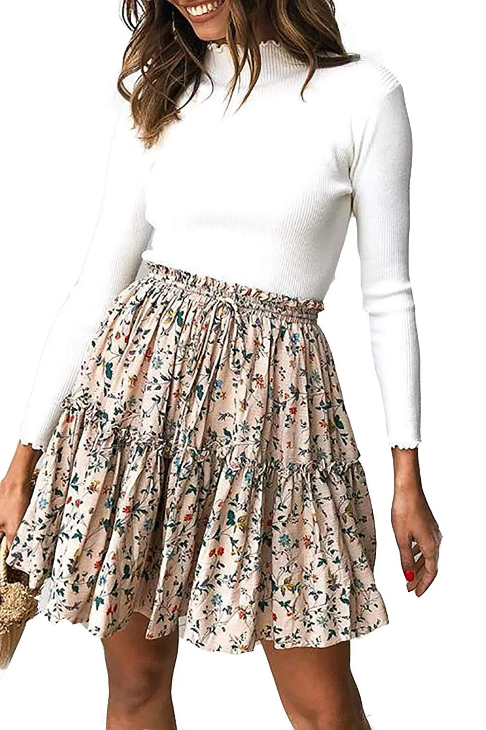 Women's Summer Cute High Waist Ruffle Skirt Floral Print Swing Beach Mini Skirt