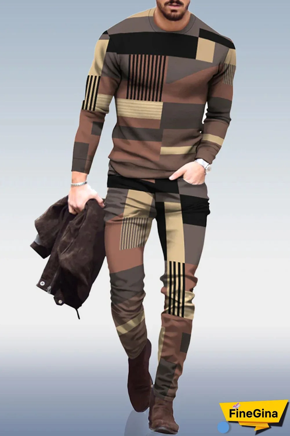 Brown Casual Geometric Patchwork O Neck Long Sleeve Two Pieces