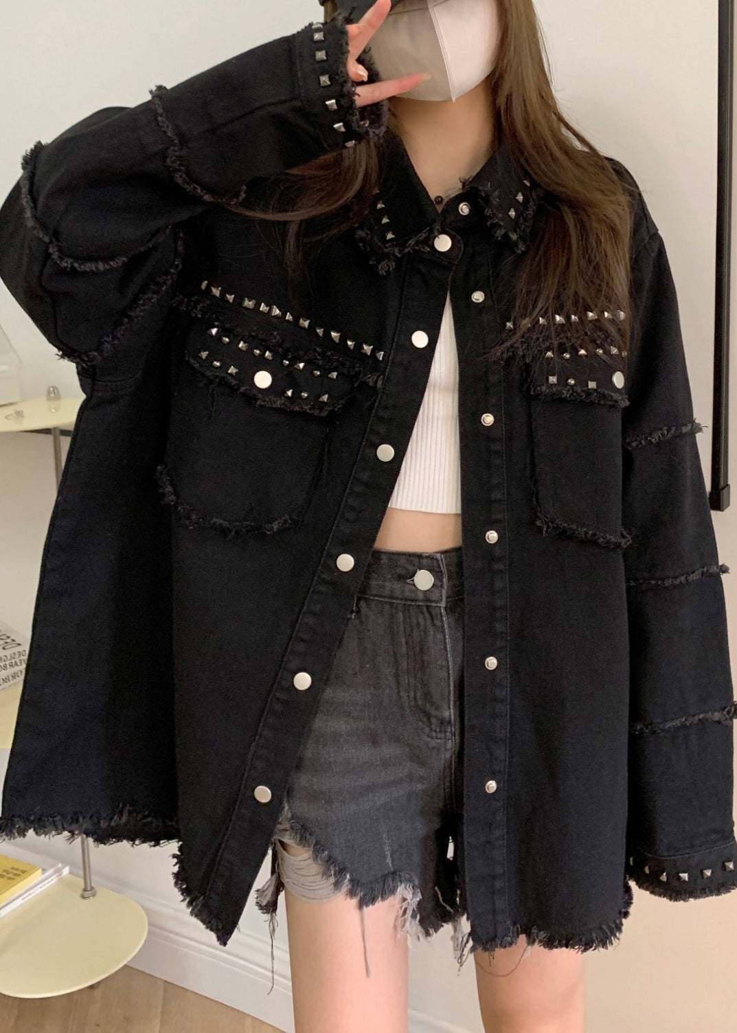 VCSHOES Loose Black Pockets Nail Bead Denim Coats Long Sleeve
