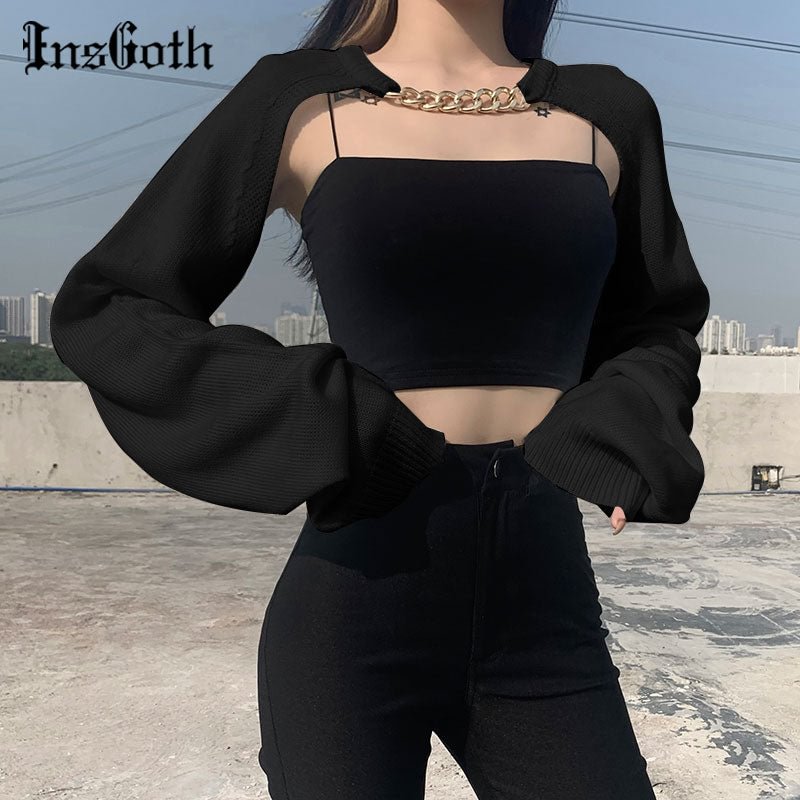 InsGoth Punk Metal Chain Black Cardigan Gothic Harajuku Hollow Out Cropped Sweater Streetwear Chic Sexy Long Sleeve Women Tops