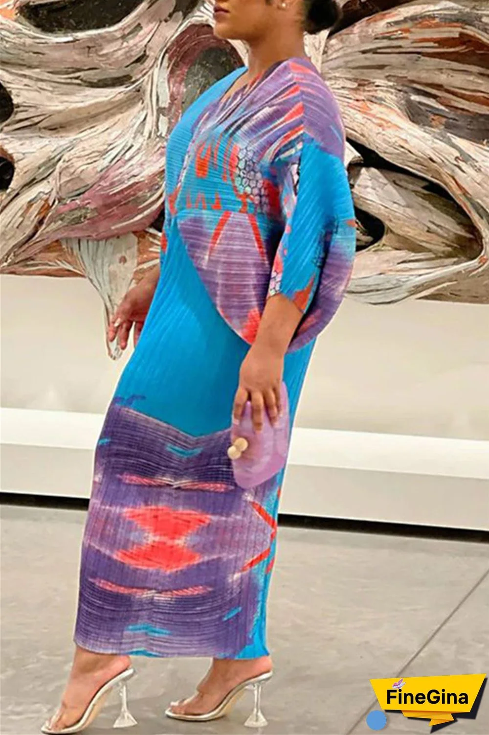 Pink Purple Casual Print Patchwork V Neck Pencil Skirt Plus Size Dresses