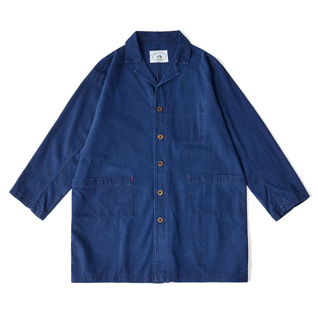 Men's Blue Dyed Suit Jacket Windbreaker Retro Plain Mid Length Lapel Casual Suit Jacket