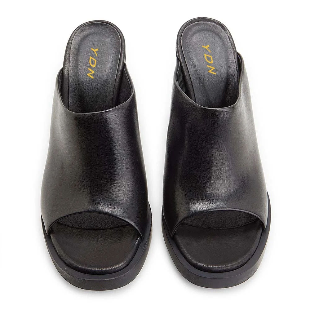 YDN Black Open Round Toe Chunky Heel Classic Mules Sandals