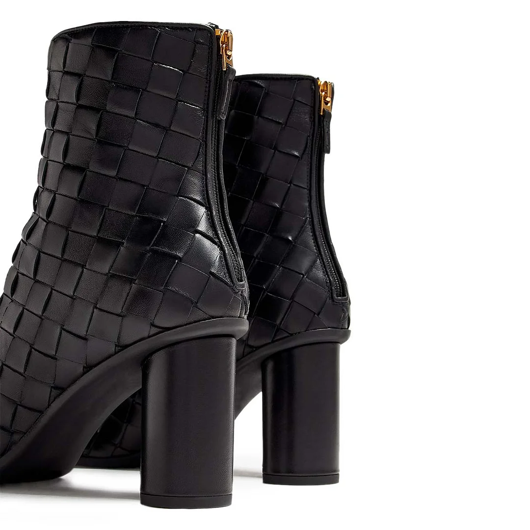 Black Round Toe Woven Cylinder Heel Zipper Short Boots for Women
