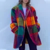 Women's Thicken Turn-Down Collar Colors Block Woollen Long Cardigan Coat