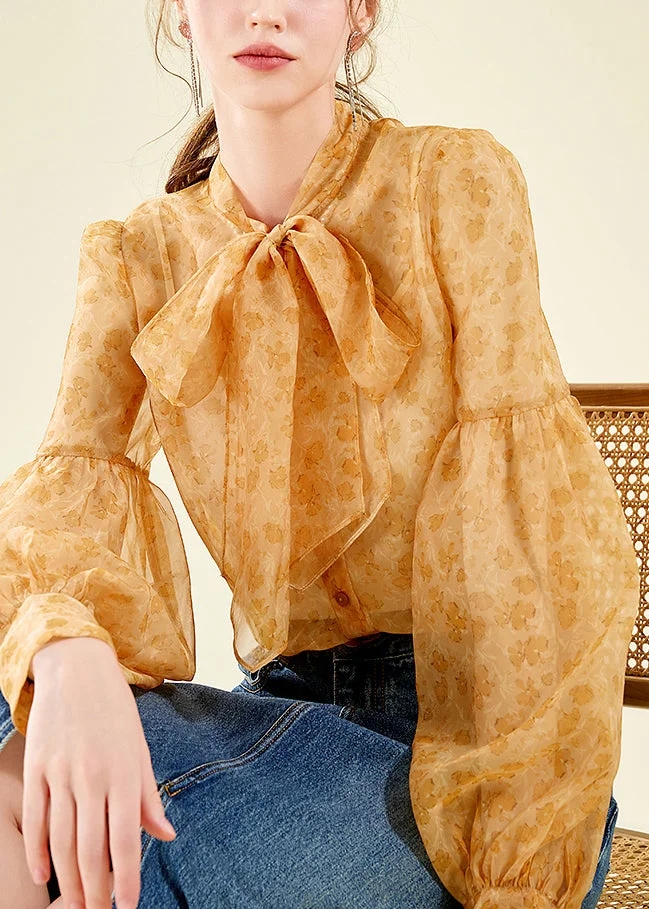 Elegant Orange Stand Collar Chiffon Top Lantern Sleeve