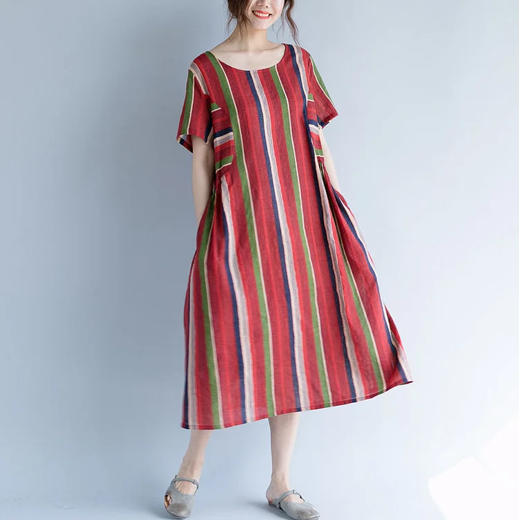 New red cotton linen maxi dress trendy plus size O neck traveling clothing 2018 striped short sleeve gown