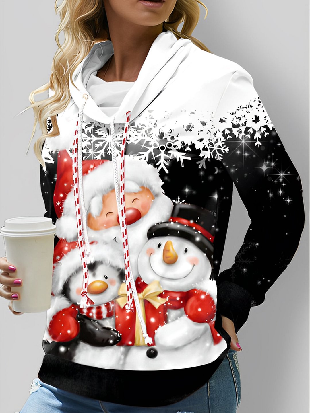 Christmas Snowman Print Pile Collar Pullover