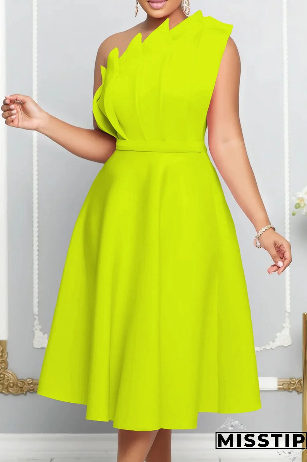 Green Yellow Elegant Solid Patchwork Fold Oblique Collar Evening Dress Dresses