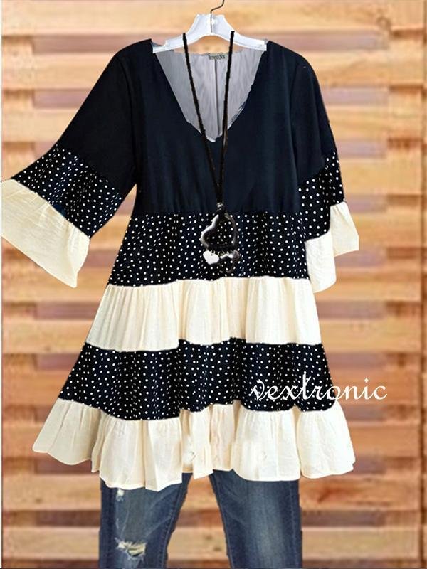 Women Short Sleeve V-neck Polka Dot Stitching Tops
