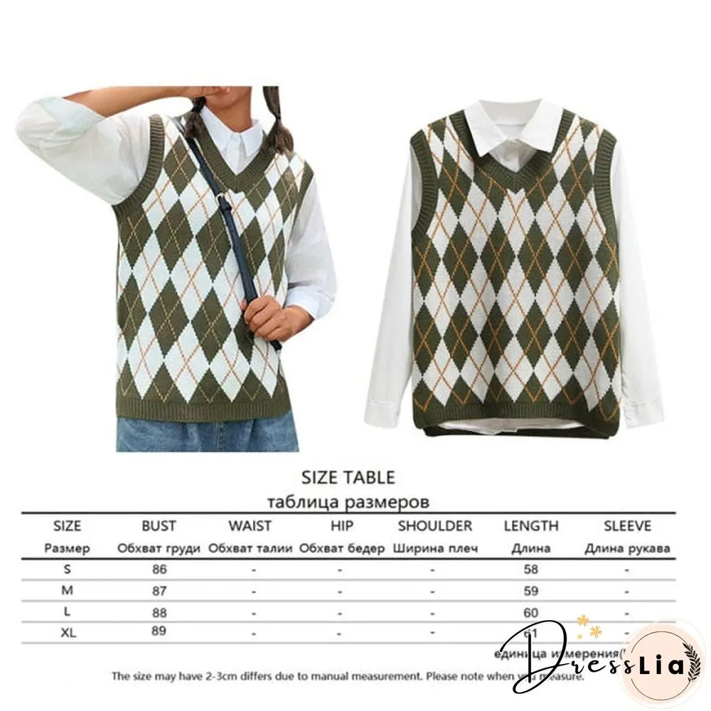 V Neck Vintage Argyle Sweater Vest Women Black Sleeveless Plaid Knitted Crop Sweaters Casual Autumn Preppy Style tops