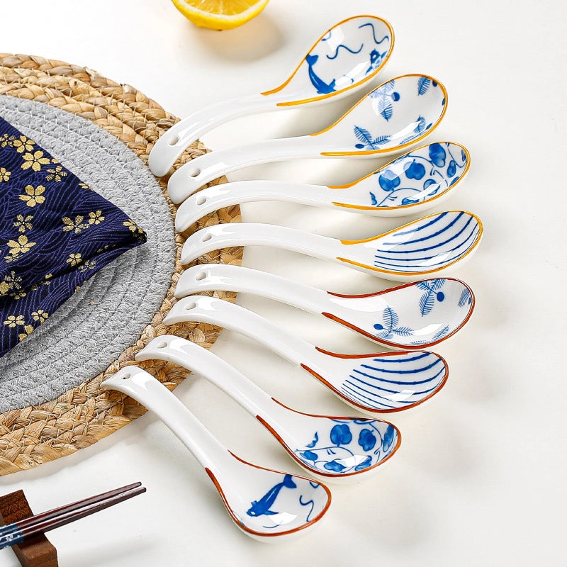 Japanese Style Small Soup Spoon Creative Blue And White Ceramic Spoon Household Thickened Curved Handle Anti-scalding Food Soup Spoon
