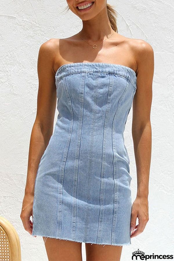 VINTAGE DISTRESSED BANDED STRAPLESS DENIM BODYCON MINI DRESS - LIGHT BLUE
