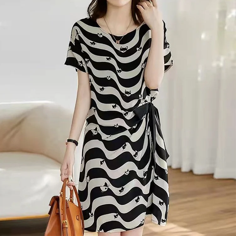 Stripe Casual Short Sleeve Printed Dresses QueenFunky