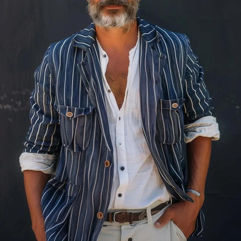 Fashion Striped Lapel Men's Cotton And Linen Single-Breasted Blazer