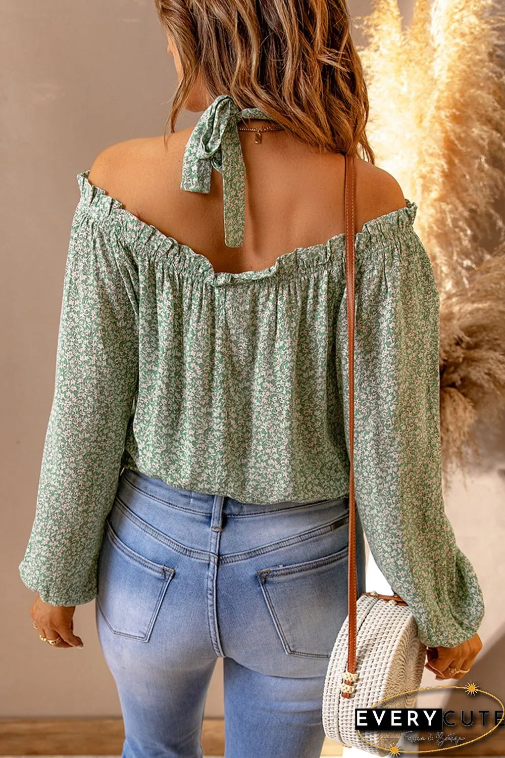 Green Floral Print Halter Off-shoulder Blouse