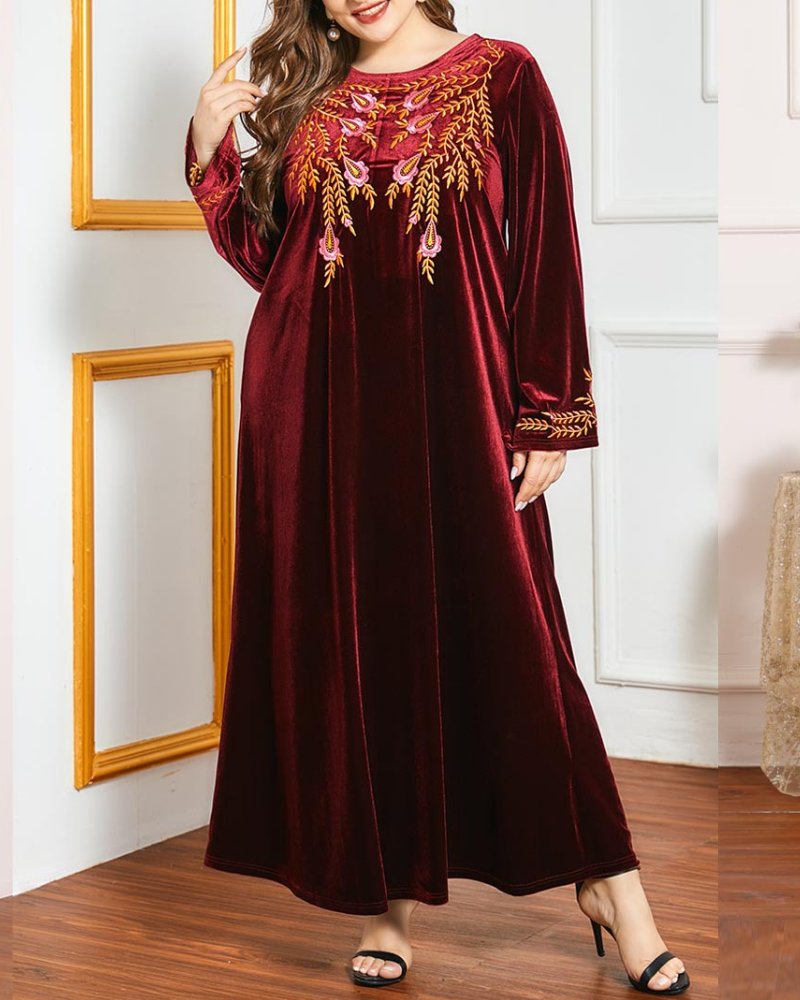Ethnic Embroidered Solid Color Velvet Long Sleeve Casual Large Swing Dress