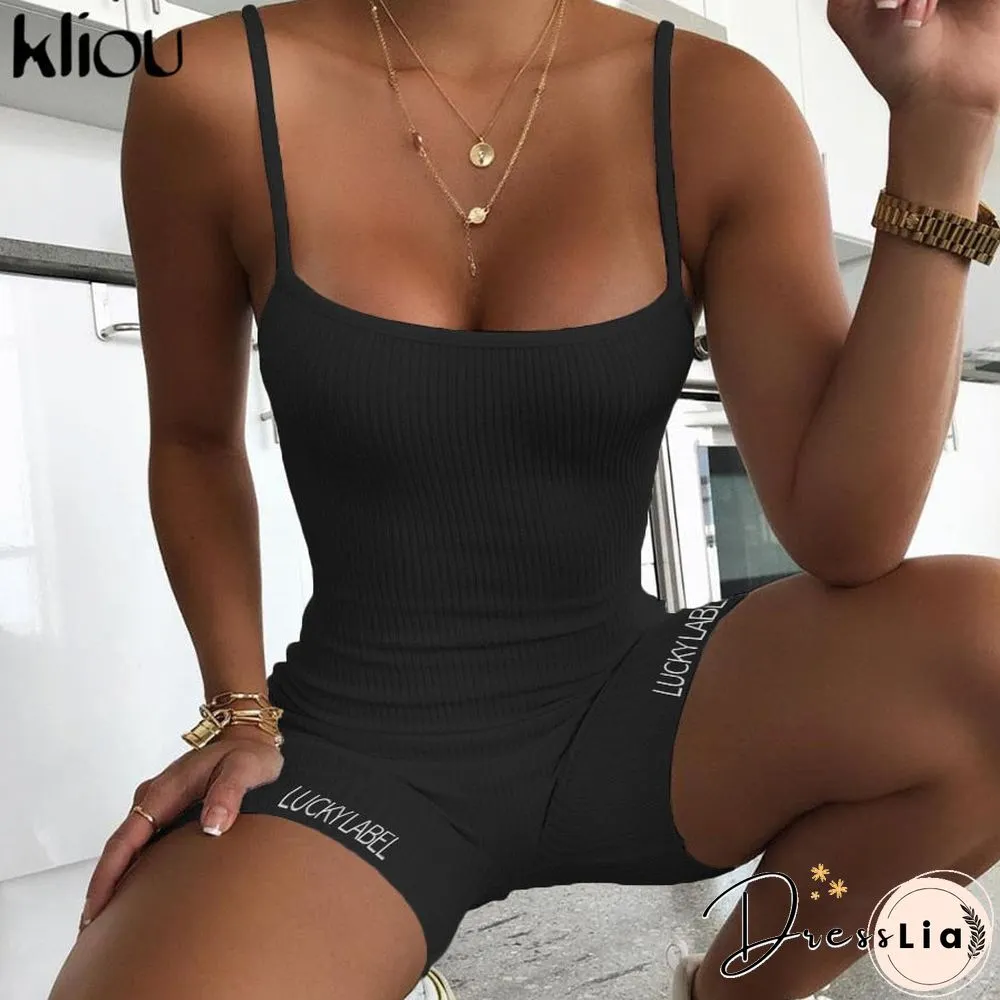 Kliou suspenders rompers women summer playsuit slash neck Letters Embroidery elastic streetwear ribbed sleeveless slim