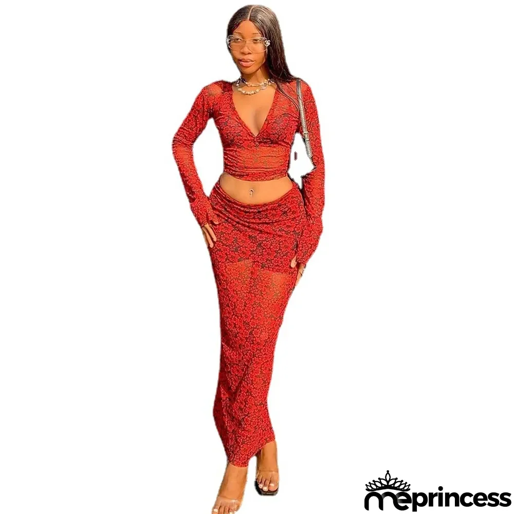 Fashion Print Sexy Deep V Long Sleeve Crop Top Bodycon Skirt Two-Piece Set