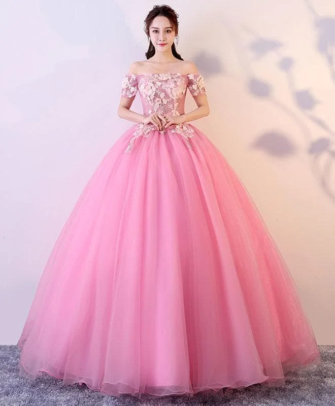 Pink Tulle Lace Long Prom Dress, Pink Lace Sweet 16 Dress