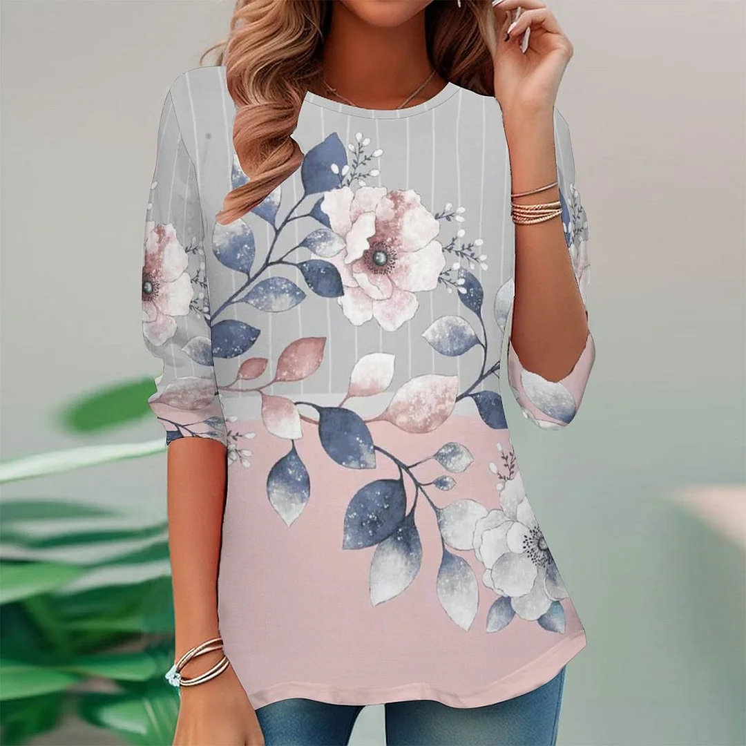 Full Printed Long Sleeve Plus Size Tunic for  Women Pattern Floral,Pink,Gray