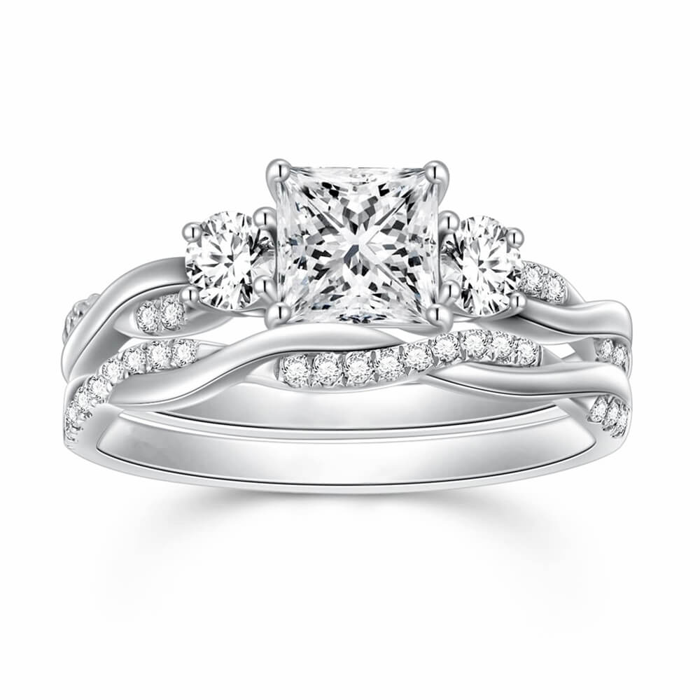 Princess Cut Wedding Ring Sets for Women Bridal Sets Engagement Ring Set, 1-1/2 Carat(ctw) Moissanite Twisting Infinity Pave Set 925 Sterling Silver 10K 14K 18K Gold 